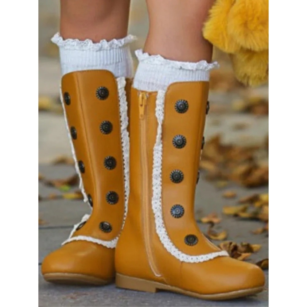 Military Style Lace Ruffle Trimmed Boots Royal Roe Monroe Girls Boots 8 Yellow